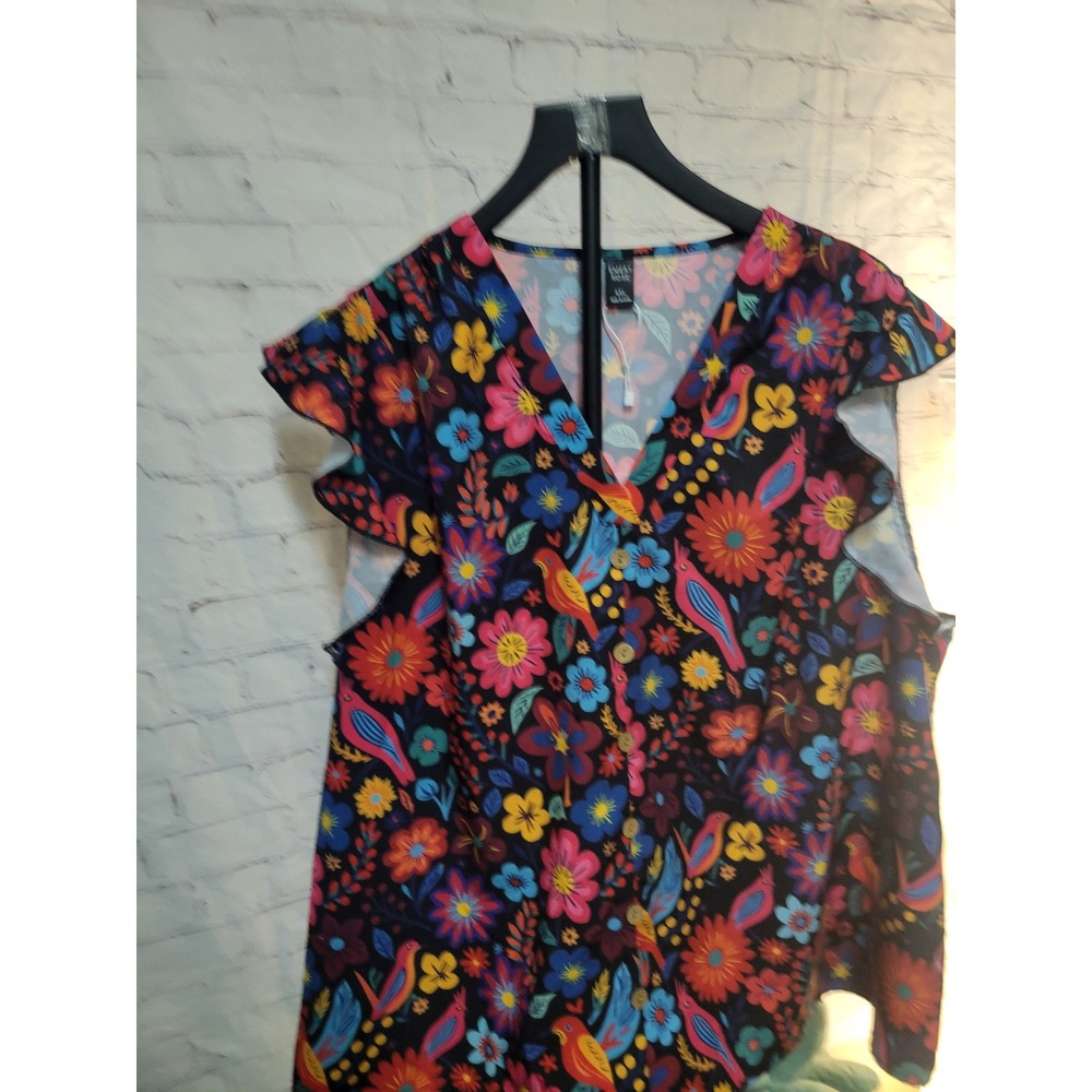 Emery‎ Rose Womens 4XL Floral Bird Print V-Neck Flutter Sleeve Button Front